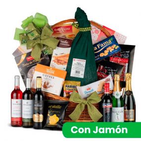 Cesta Mimbre Nº35 - Jamón Serrano 6Kg y embutido loncheado + Selección Vinos y Vermut