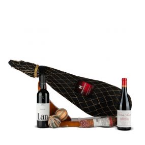 Jamonera Navidad Nº664 - Jamón Ibérico Bellota 7Kg y salchichón + 2 Botellas Vino Tinto